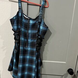 Blue Plaid Dress with Black Lace-Up Sides